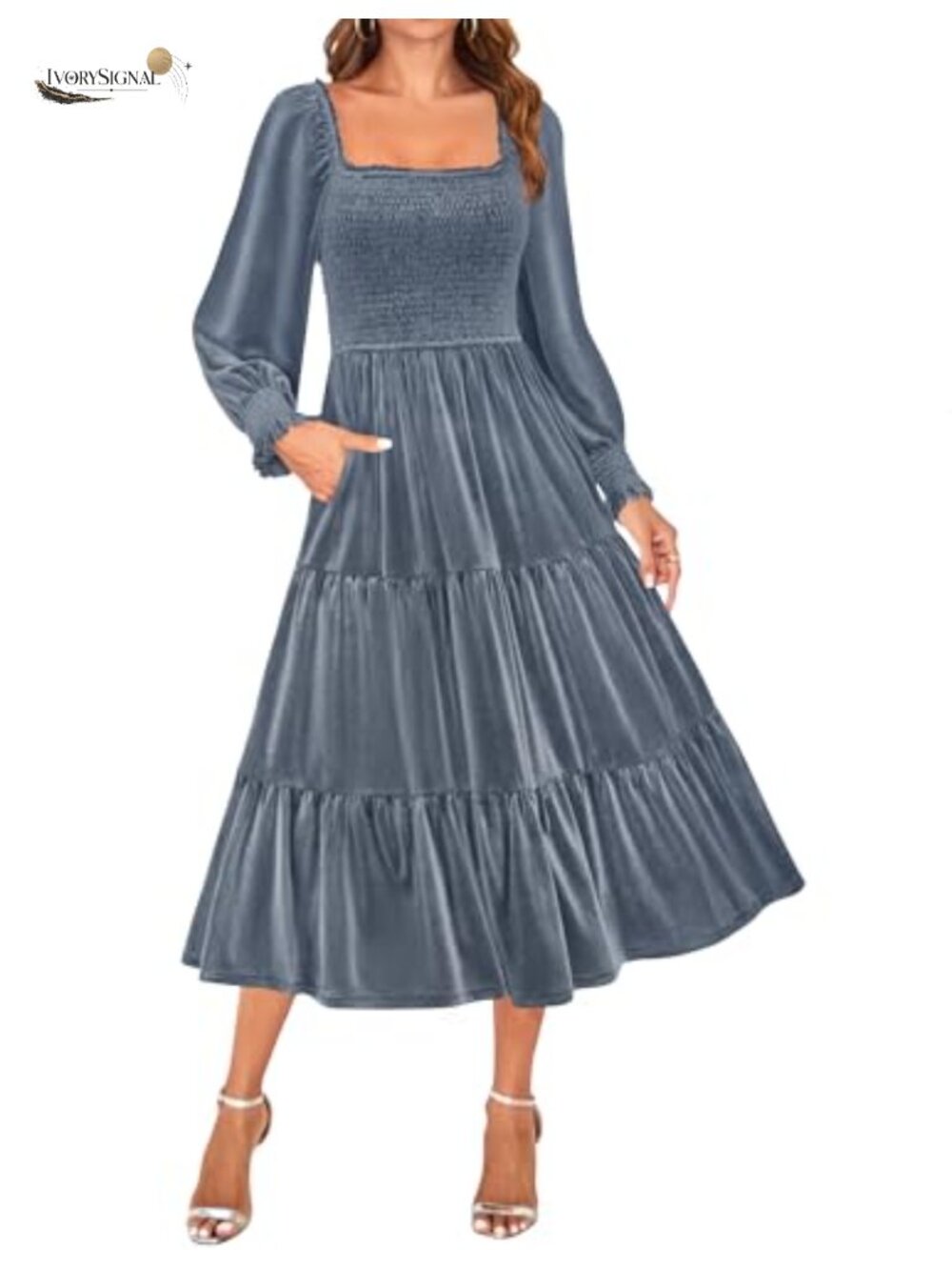 Velvet Midi Dress Square Neck Long Puffy Sleeve A-Line Cocktail Party